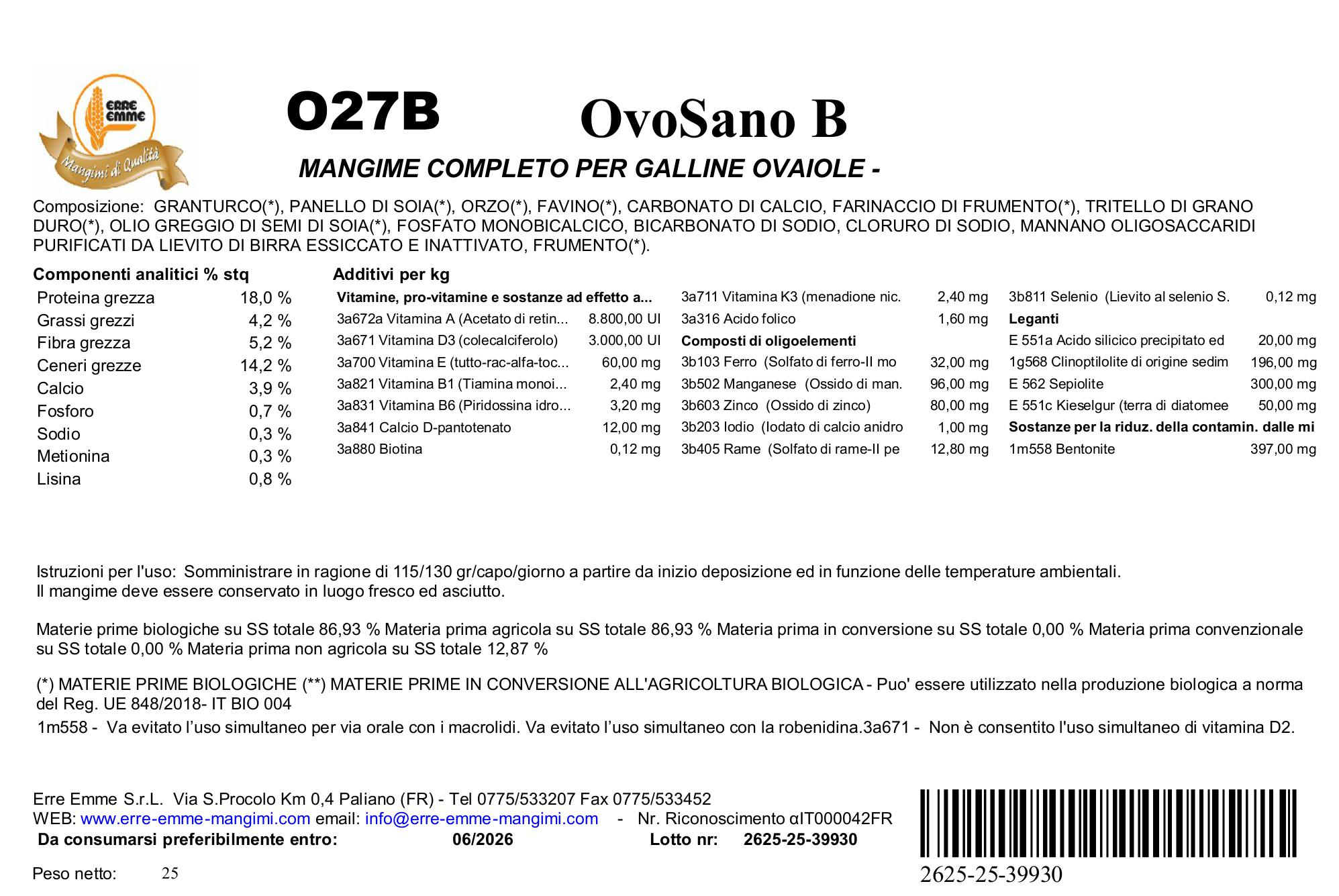 Esempio etichetta mangime biologico MBio con codice lotto e certificazione
